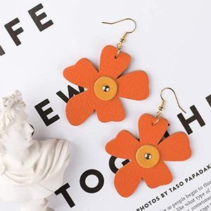 Women Girls-Genuine Leather Raffia Floral Drop Stud Flower Dangle Earrings